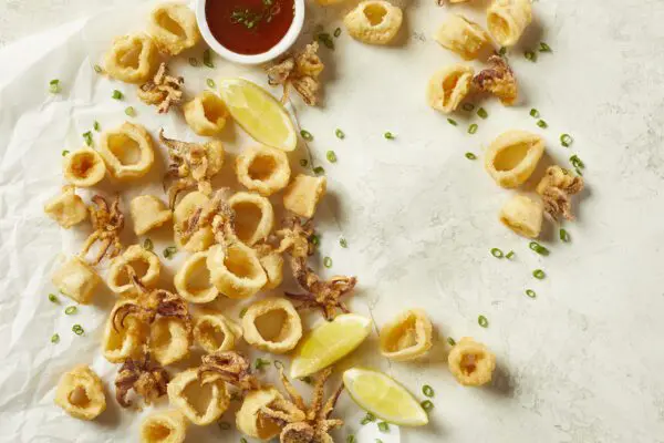 Harvest of Sea Light Dust Calamari on table