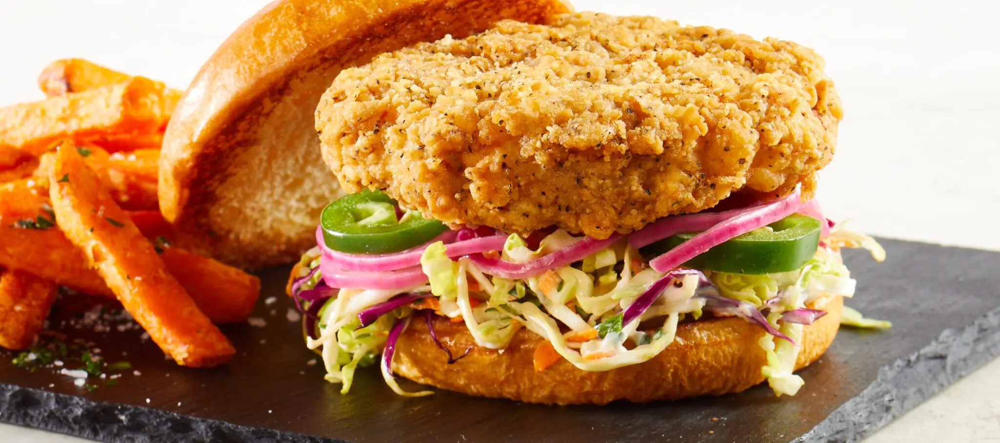 CRISPY SHRIMP BURGER with sweet potato fries