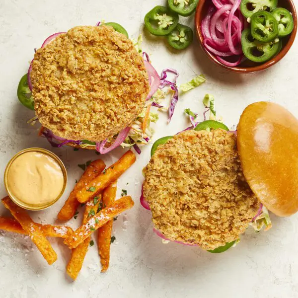 Spicy Southwestern Shrimp Burger on Brioche with fries and dipping sauce