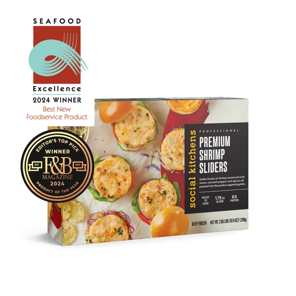 Angled box packaging of Social Kitchens Pro - Premium Shrimp Sliders on a white background. Top left corner features Seafood Excellence 2024 Winner for Best New Foodservice Product and Editor's Top Pick Winner Food & Beverage Magazine 2024 Product of the Year.