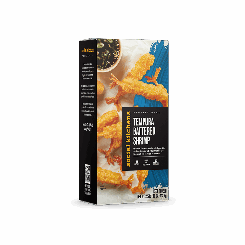 Angled view of tall narrow box packaging of Social Kitchens Professional Tempura Battered Shrimp.