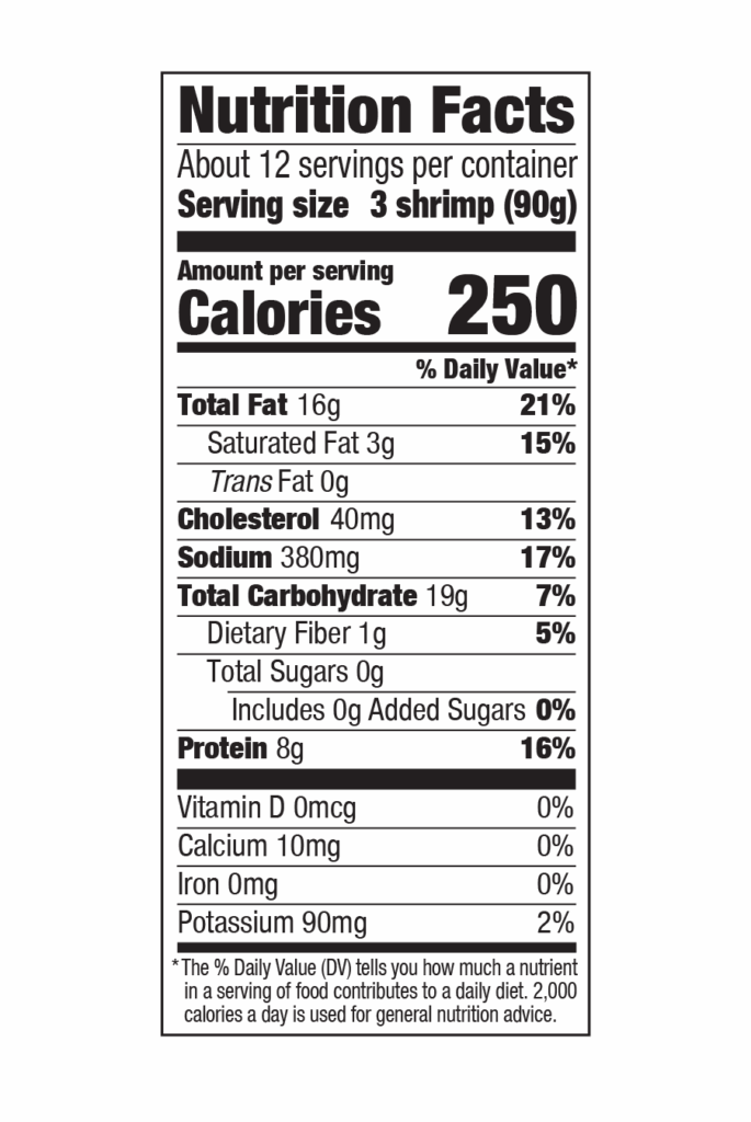 Nutrition Facts Panel for Social Kitchens Professional Tempura Battered Shrimp.