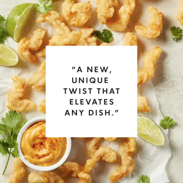Overhead view of Social Kitchens Professional Corkscrew Shrimp with white box text overlay that reads "A new, unique twist that elevates any dish."