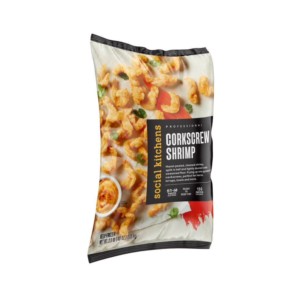 Side angled-view of Social Kitchens Professional Corkscrew Shrimp front bag packaging.