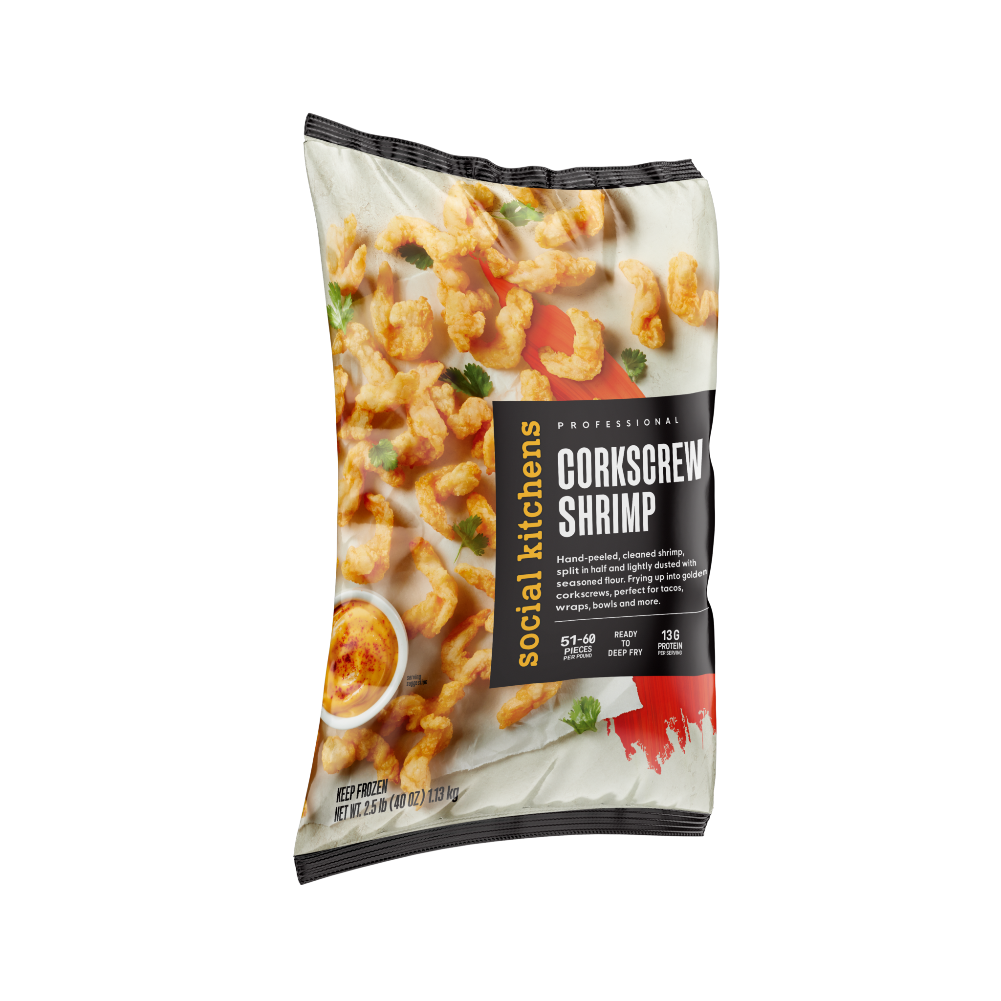 Side angled-view of Social Kitchens Professional Corkscrew Shrimp front bag packaging.