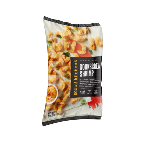 Side angled-view of Social Kitchens Professional Corkscrew Shrimp front bag packaging.