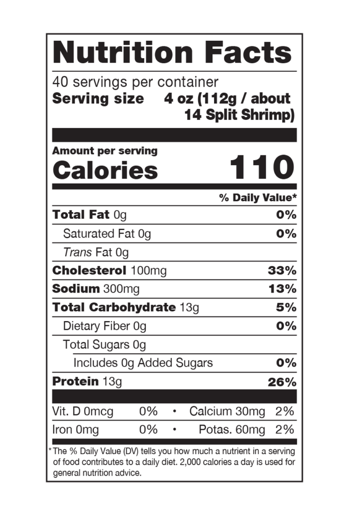 Nutrition Facts Panel for Social Kitchens Professional Corkscrew Shrimp