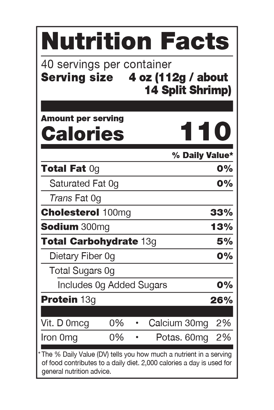 Nutrition Facts Panel for Social Kitchens Professional Corkscrew Shrimp