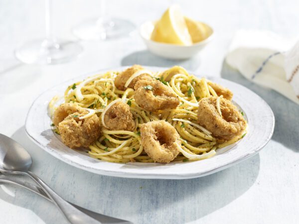 Amalfi Lemon Spaghetti with fried calamari on top