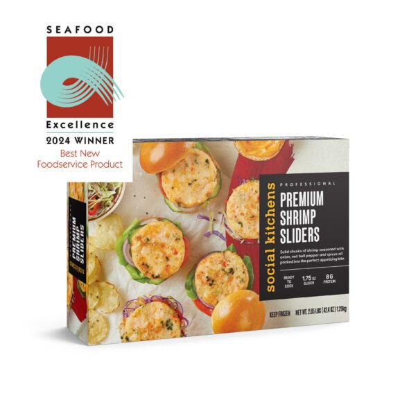 Angled box packaging of Social Kitchens Pro - Premium Shrimp Sliders on a white background. Top left corner features Seafood Excellence 2024 Winner for Best New Foodservice Product.