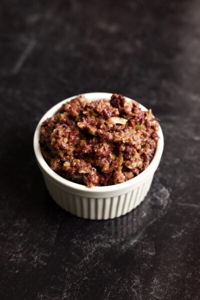 Olive Tapenade in white ceramic bowl
